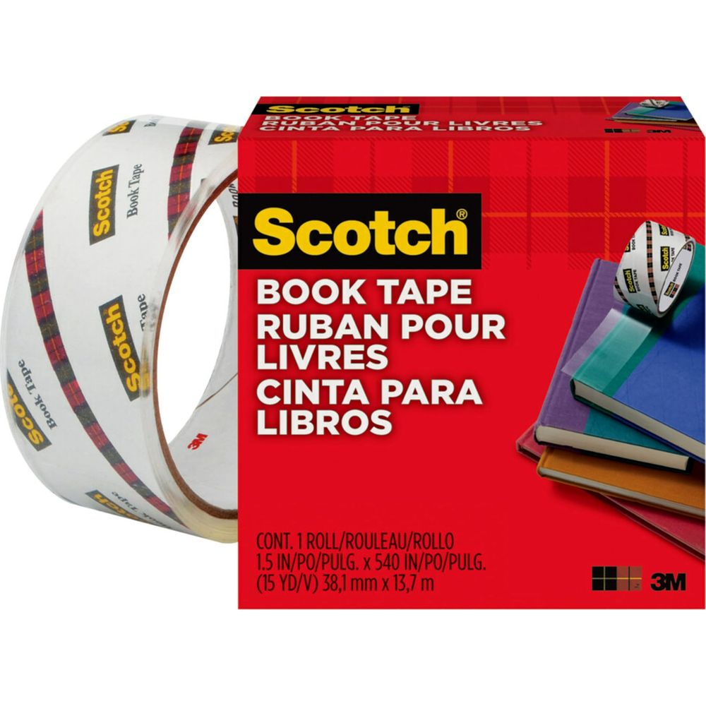 Scotch Buchklebeband-Verpackung mit Klebebandrolle und Büchern.