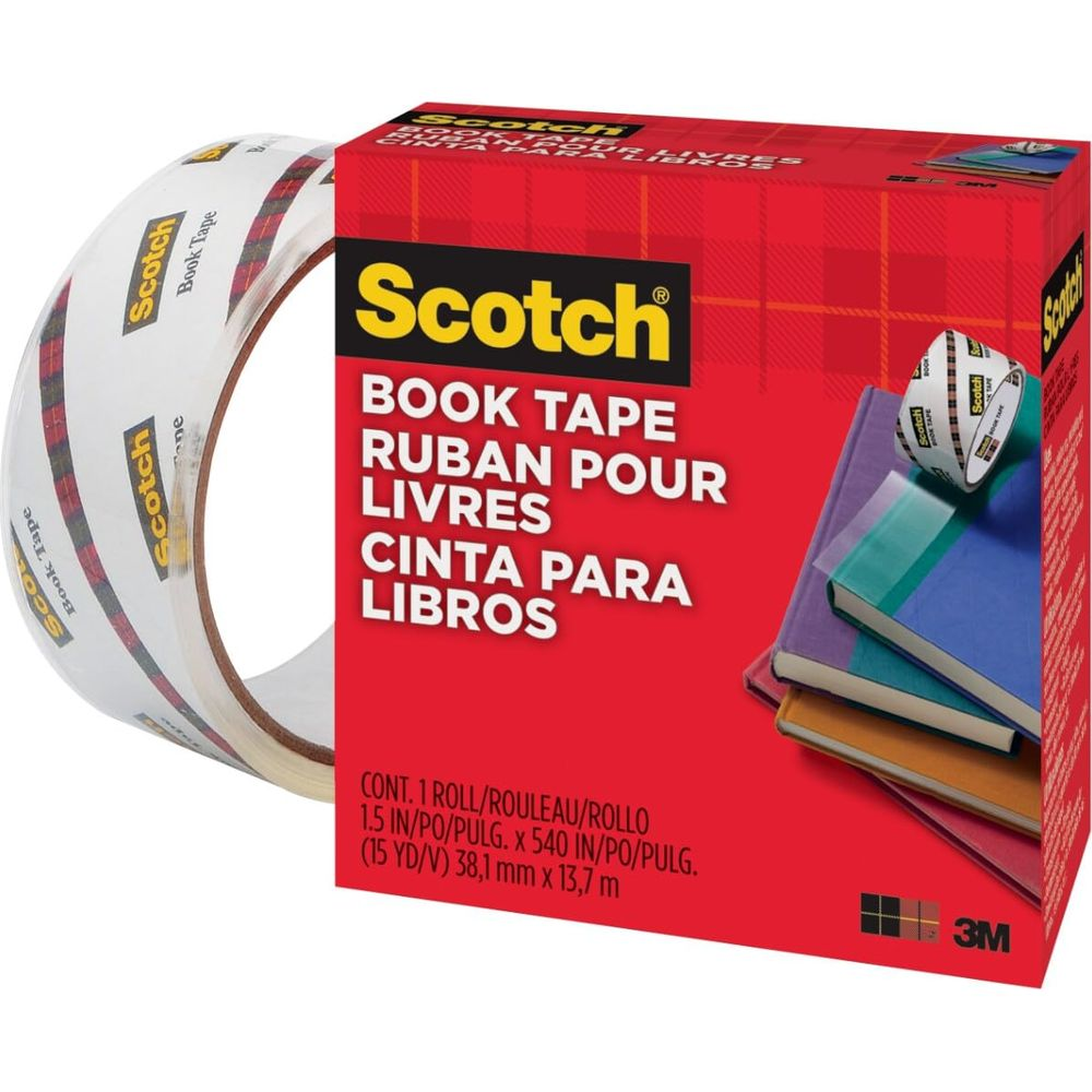 Scotch Buchbindung Klebebandrolle und roter Schachtel mit Büchern.