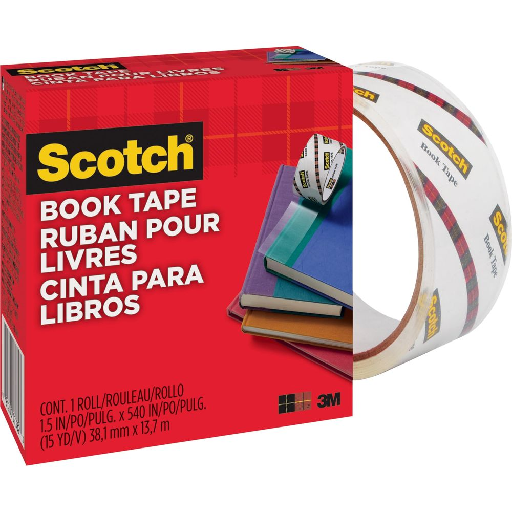 Scotch Buchklebeband auf rotem Karton mit Büchern und Klebebandrolle.