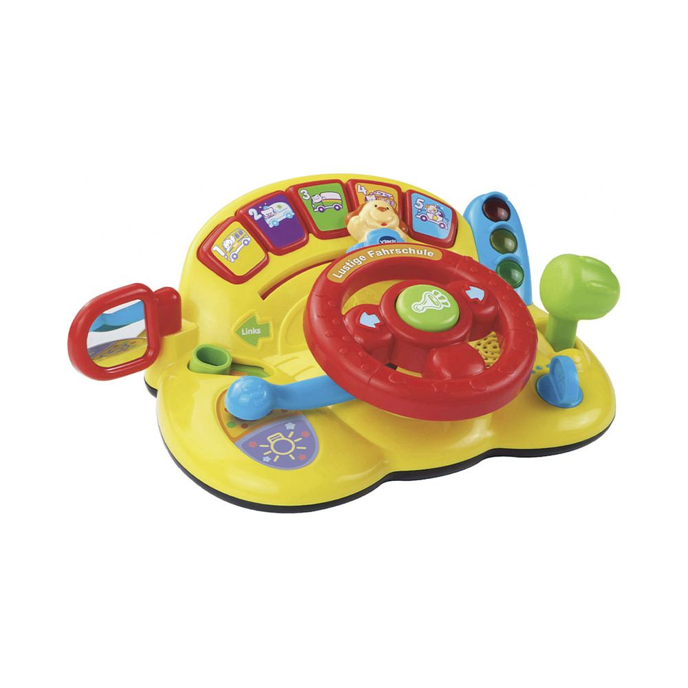 Ein gelbes Spielzeug-Lenkrad mit einem roten Lenkrad, Knöpfen und Lichtern.