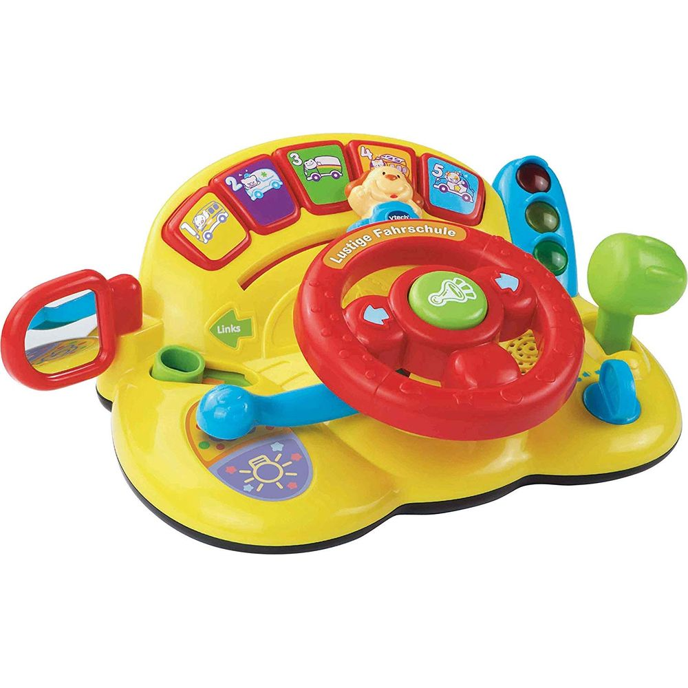 Ein gelbes Spielzeug-Lenkrad mit einem roten Lenkrad und Lichtern.