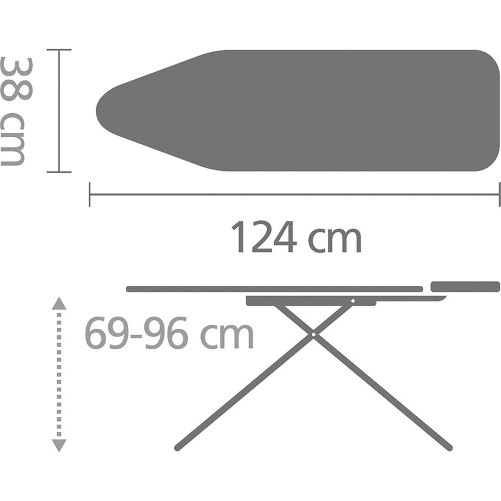 Table à repasser: 124cm long, 38cm large, hauteur 69-96cm.