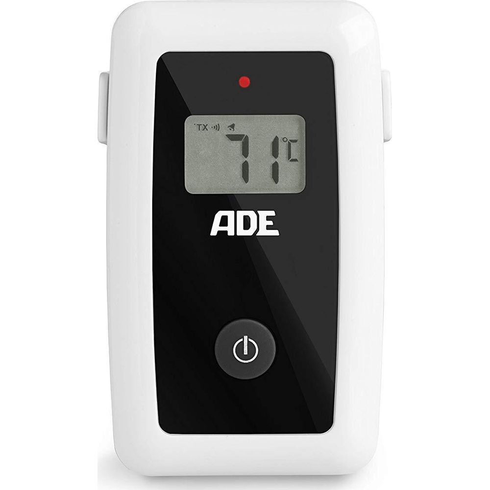 Dispositivo bianco con schermo nero che mostra 71 gradi e logo ADE.