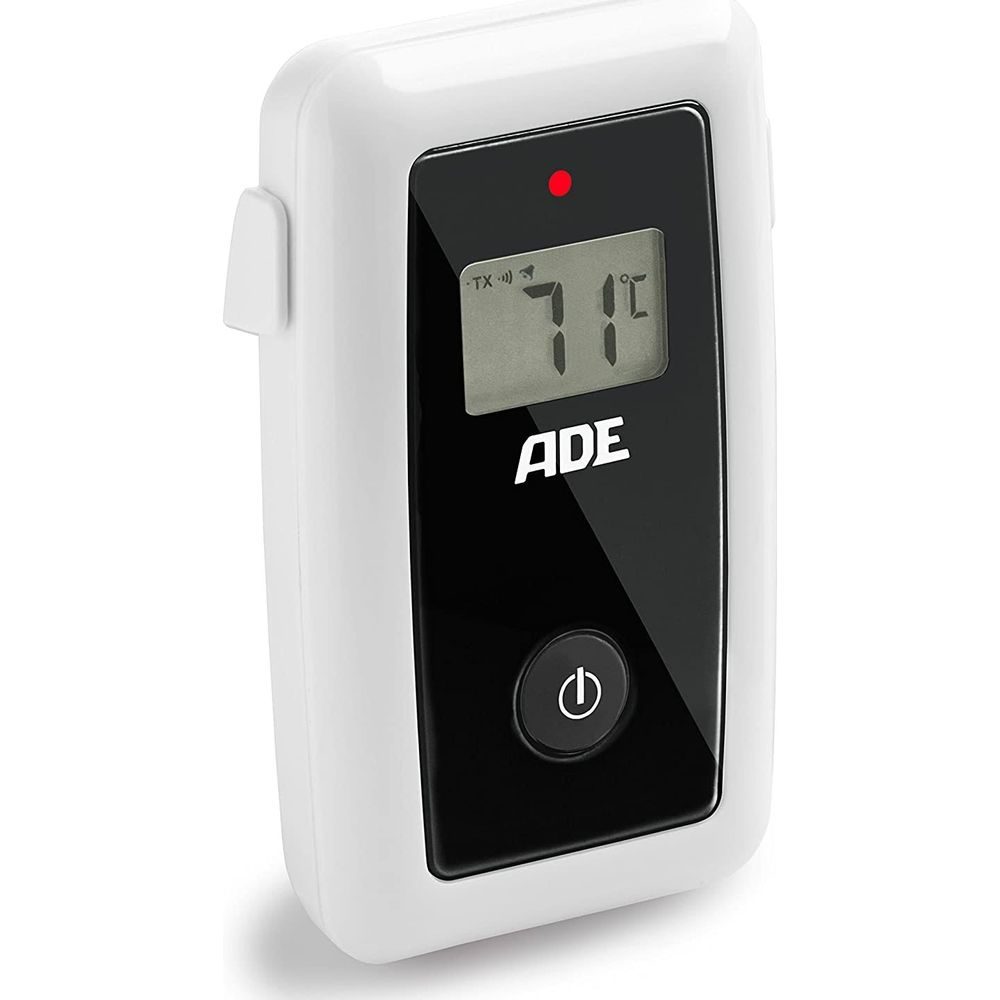 Termometro digitale bianco che mostra 71 gradi, con logo ADE e pulsante di accensione.