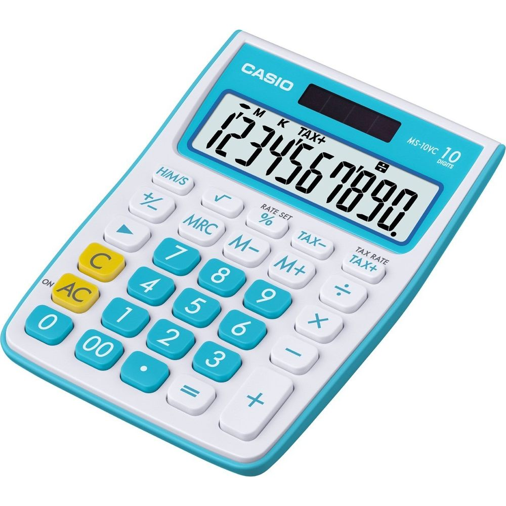 Une calculatrice turquoise et blanche avec des chiffres et symboles sur les touches.