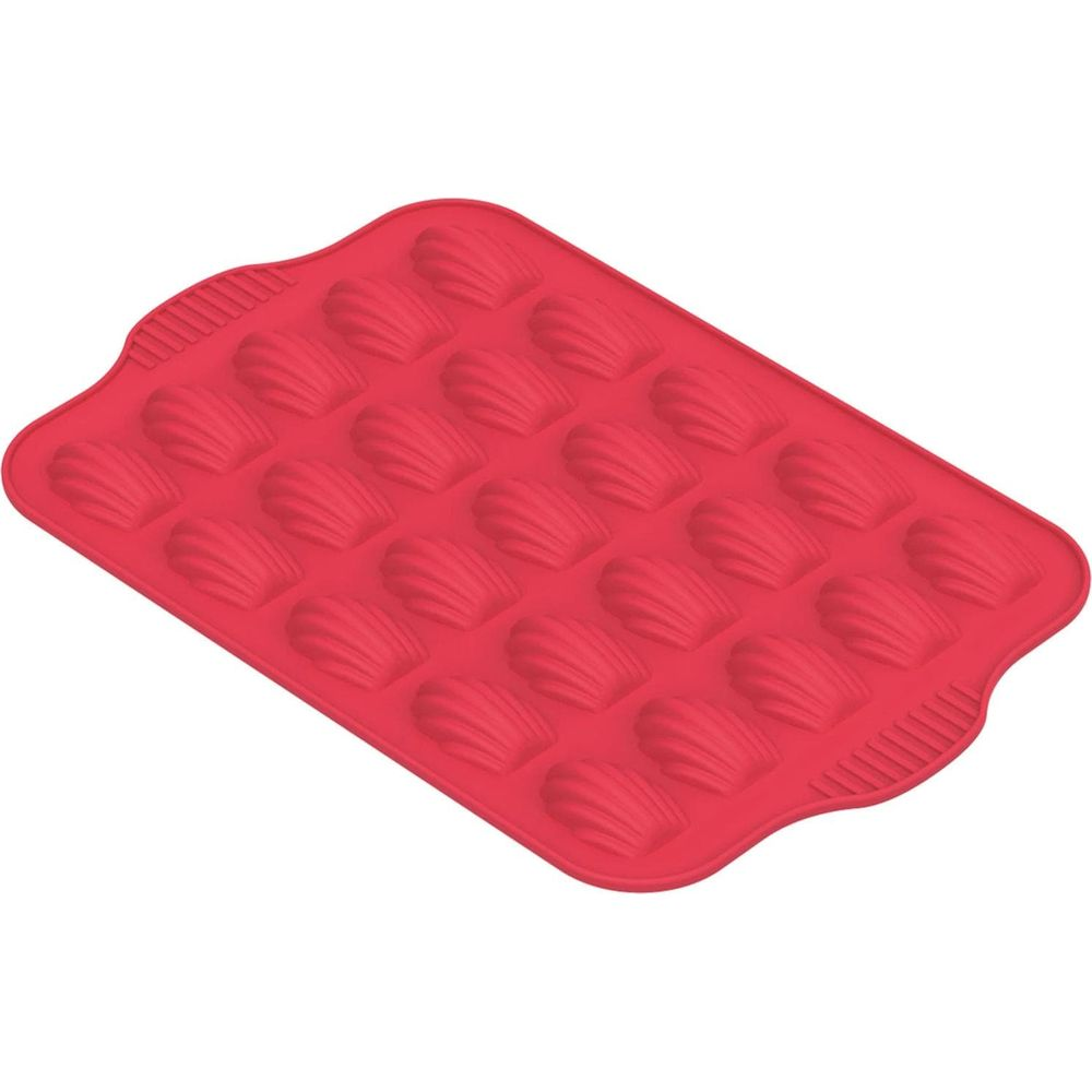 Rote Silikonform für 24 Madeleine-Kekse mit Muschelform.