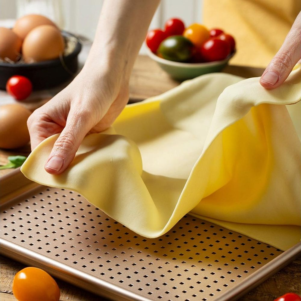 Hände legen gelben Teig in eine Backform. Eier und Tomaten im Hintergrund.