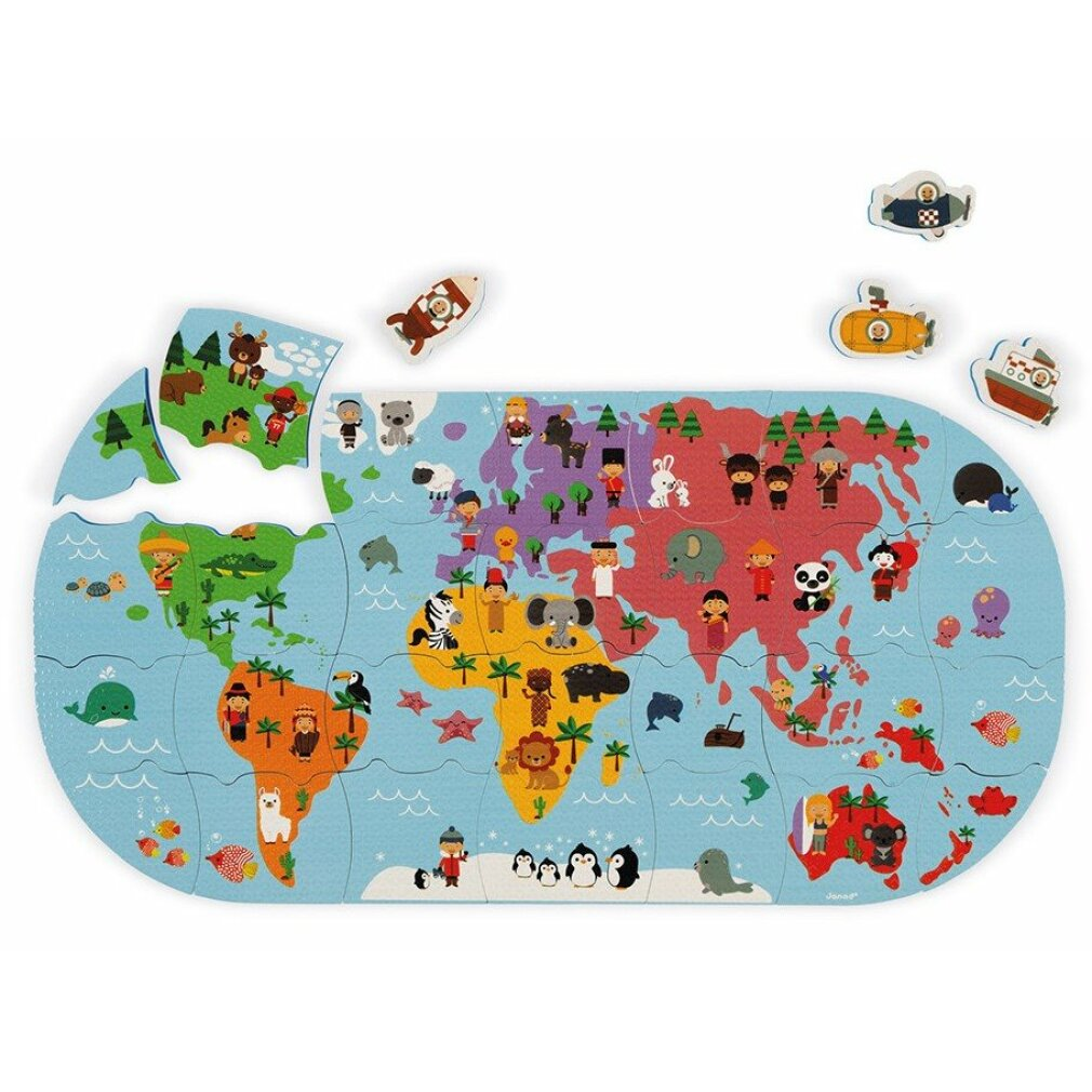 Weltkarte-Puzzle mit Tieren und Menschen, darunter Pandas, Elefanten und Pinguine.