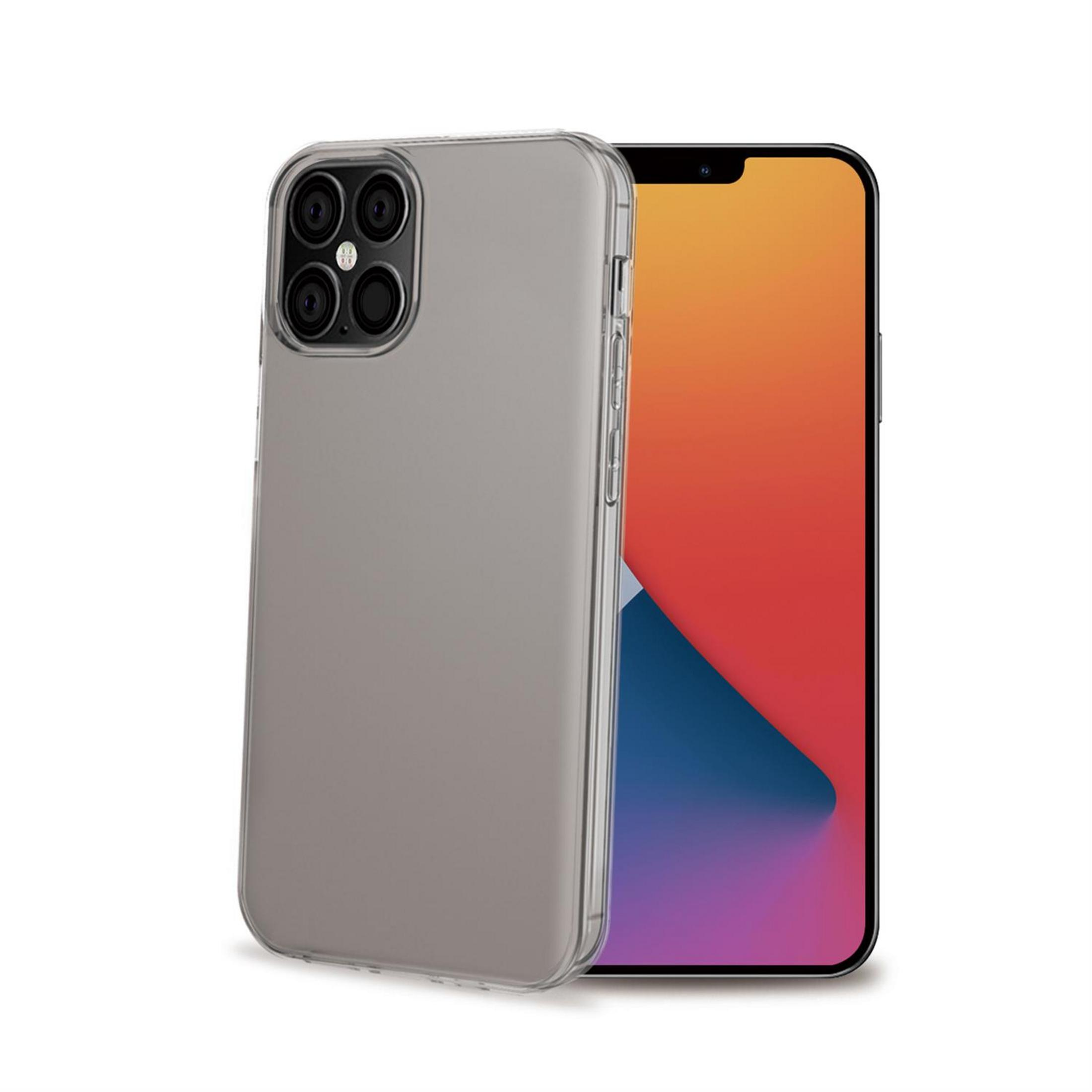 Custodia grigia per telefono davanti a uno smartphone con sfondo colorato.