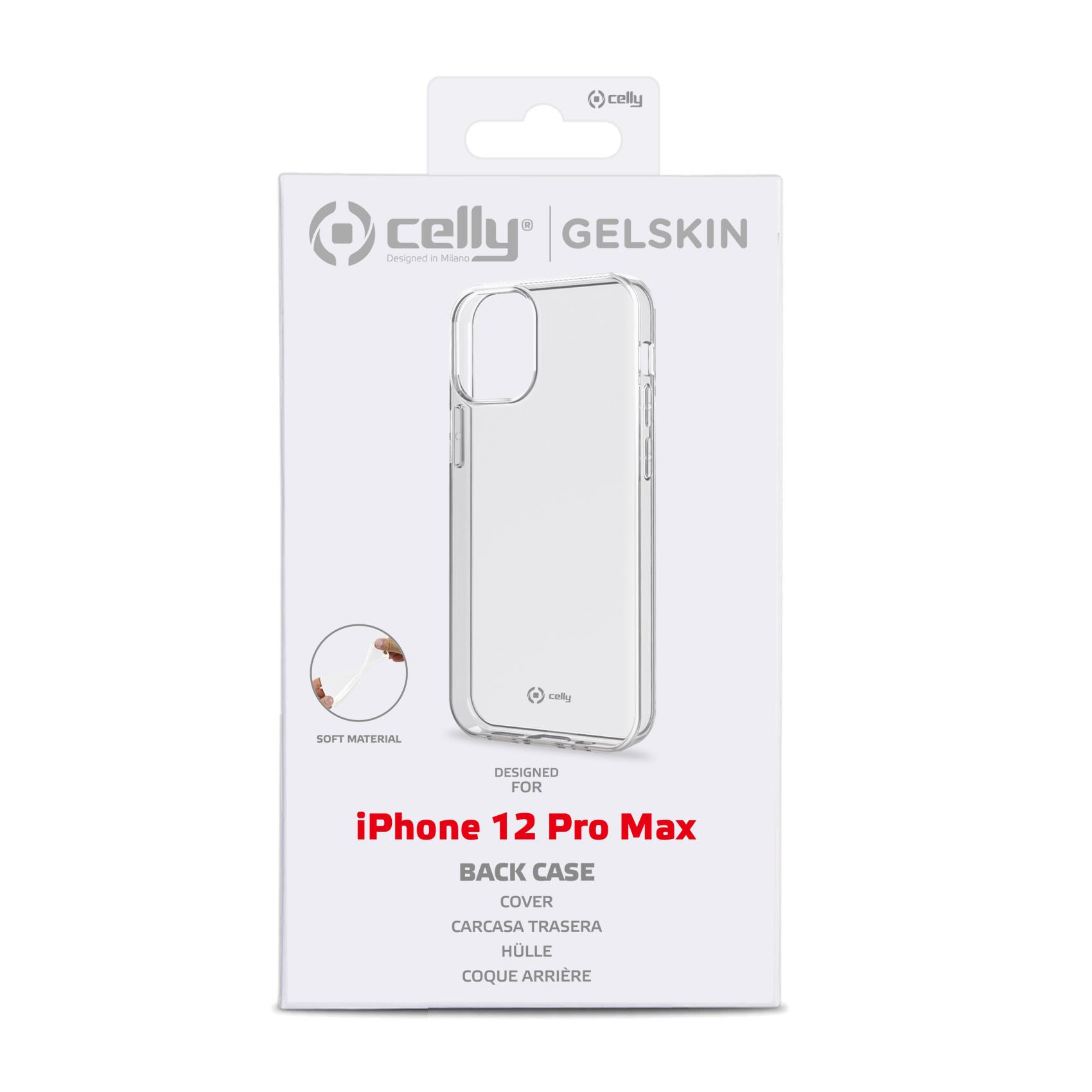 Confezione per una cover posteriore Celly GelSkin trasparente per iPhone 12 Pro Max.