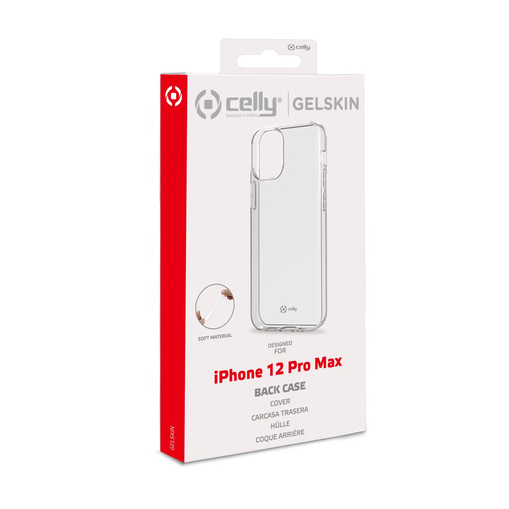 Confezione di una cover posteriore Celly trasparente per iPhone 12 Pro Max.