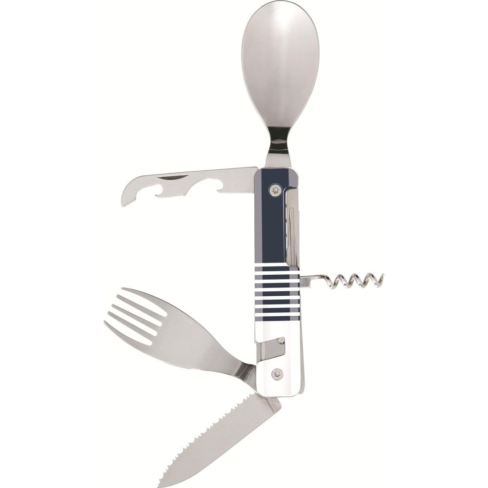 Un set di posate multiuso argentate con cucchiaio, forchetta, coltello, apribottiglie e cavatappi.