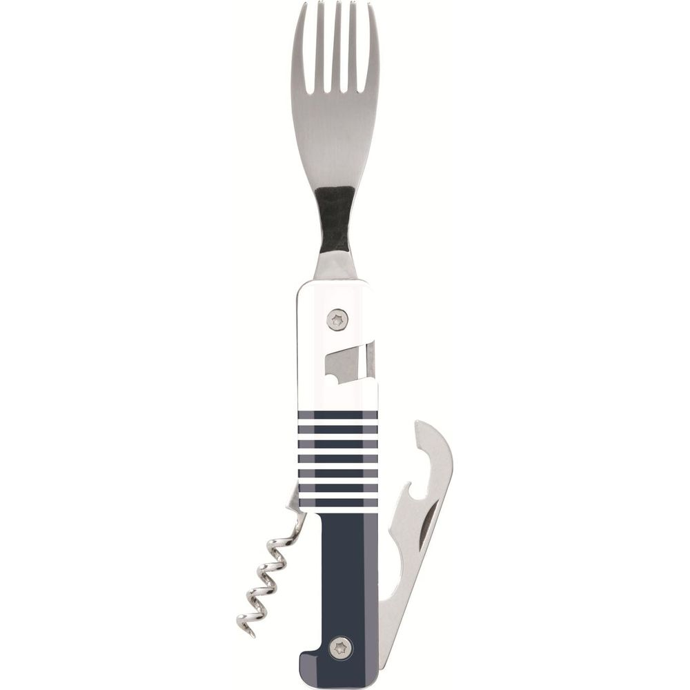 Un utensile multiuso con forchetta, cavatappi e apribottiglie.