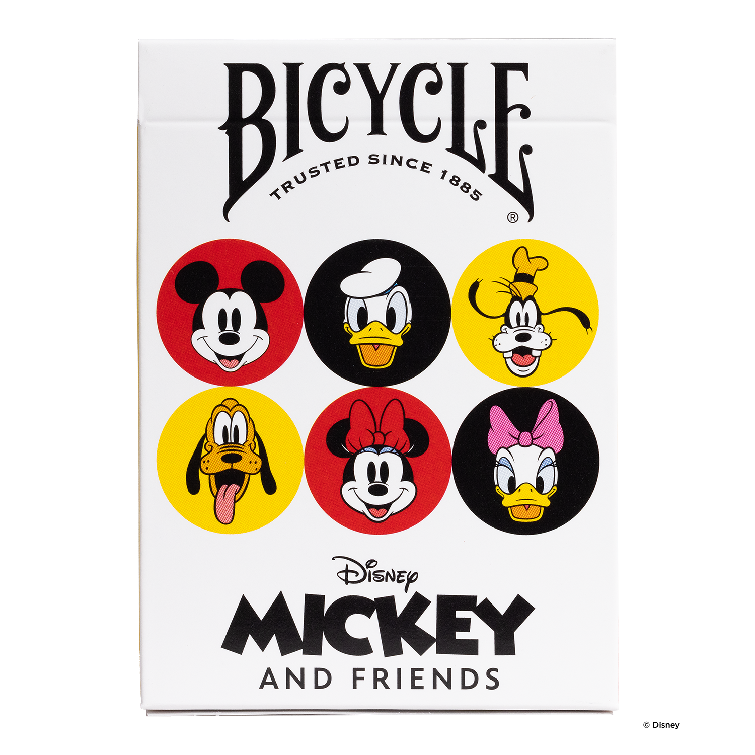 Bicycle Spielkarten mit Disney-Figuren: Mickey, Donald, Goofy, Pluto, Minnie, Daisy.