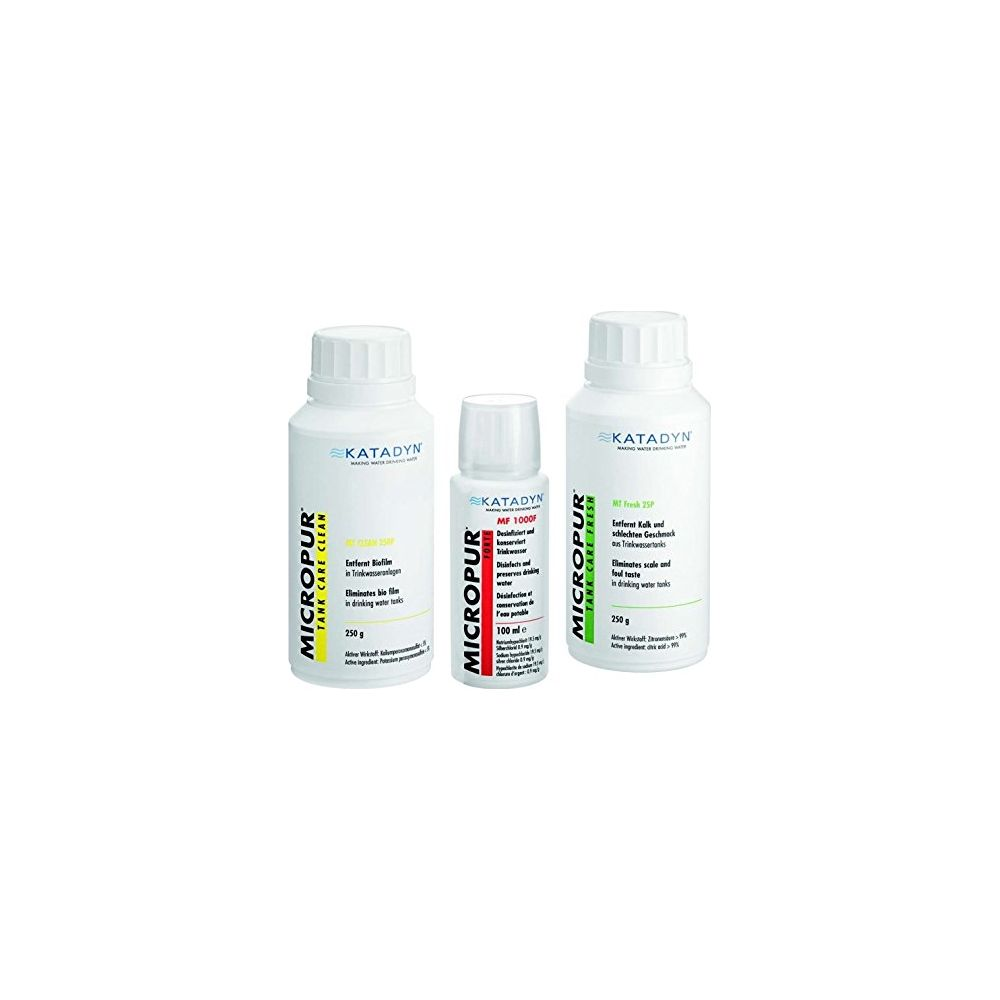 Drei Katadyn Micropur Produkte: Tank Care Clean, MF 1000F und Tank Care Fresh.