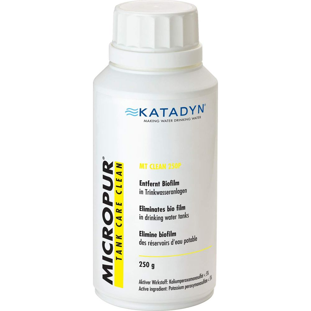 Weiße Flasche mit Katadyn Micropur Tank Care Clean Etikett, 250g