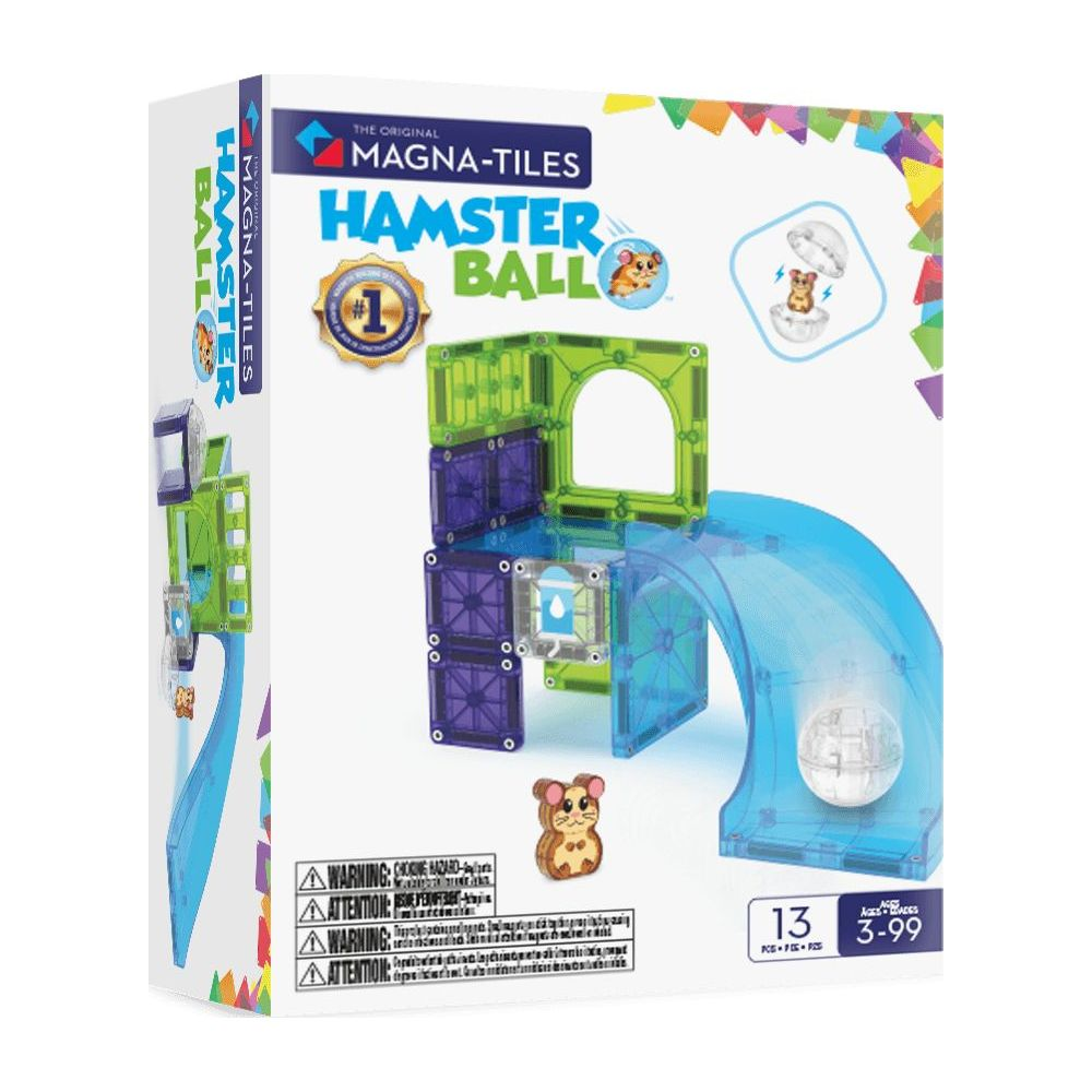 Magna-Tiles Hamster Ball Spielzeugbox mit bunten Bausteinen und einer Kugelbahn.