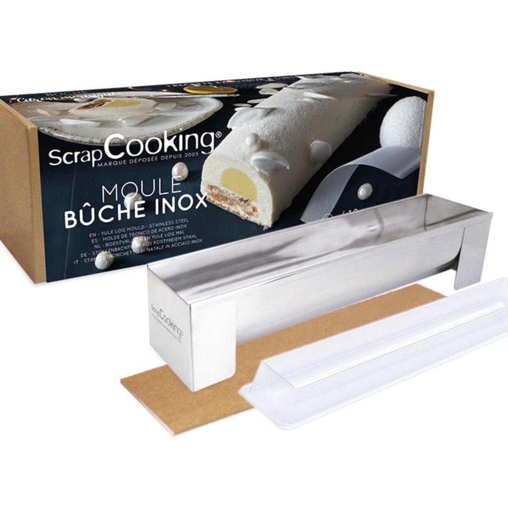 Edelstahl-Form für Yule-Log-Kuchen mit Verpackung und Zubehör.