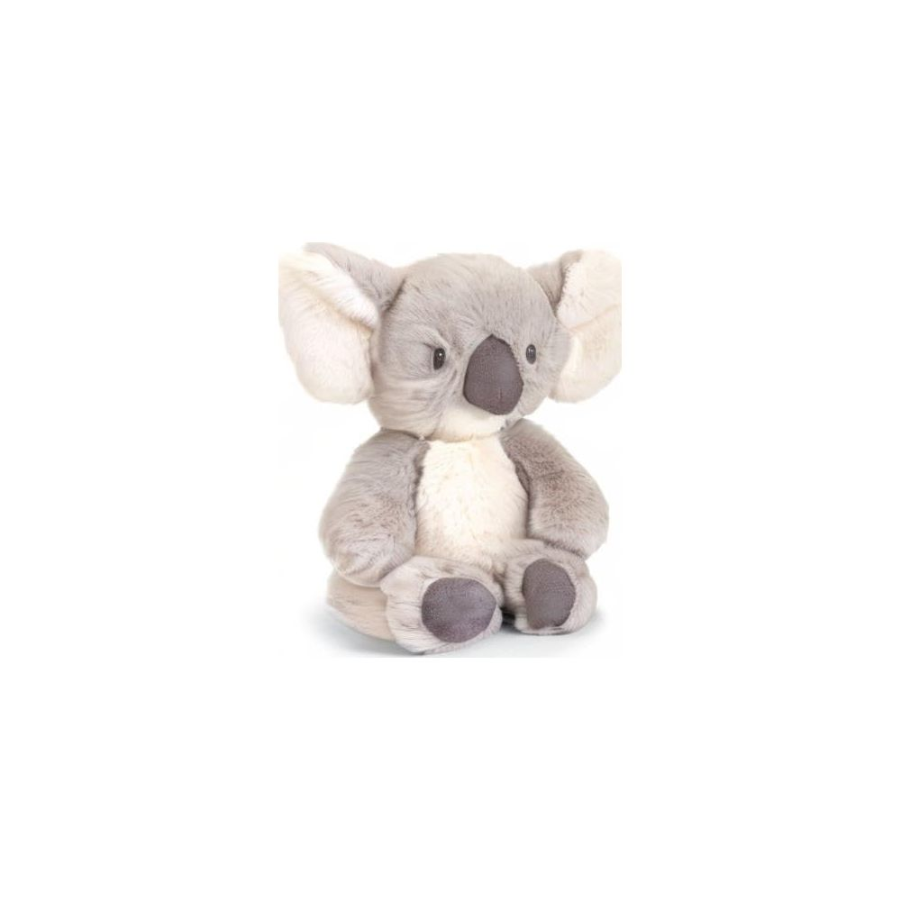 Un peluche di koala grigio seduto in posizione eretta con grandi orecchie e naso scuro.
