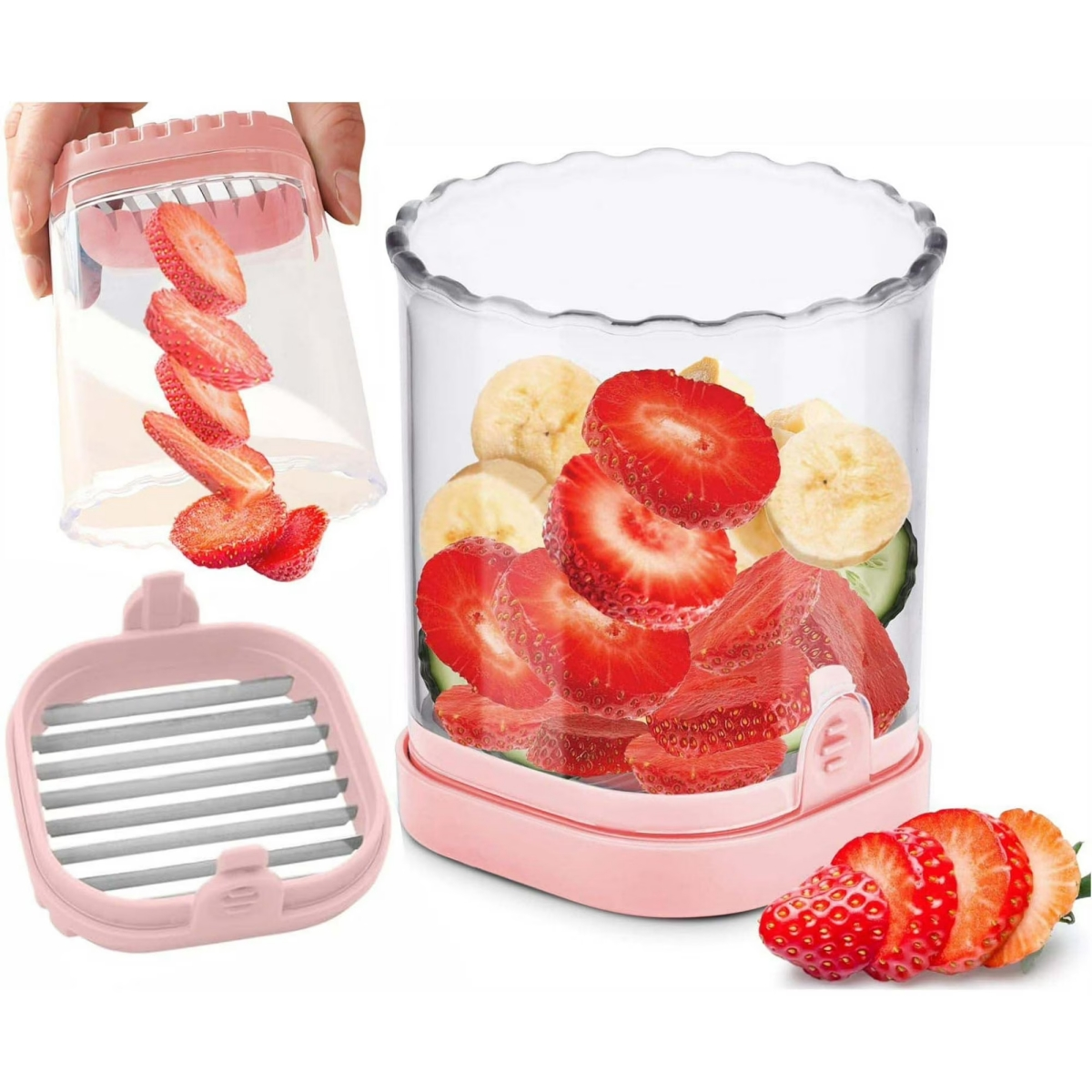 Ein rosa Fruchtschneider zeigt geschnittene Erdbeeren, Bananen und Gurken in einem Behälter.