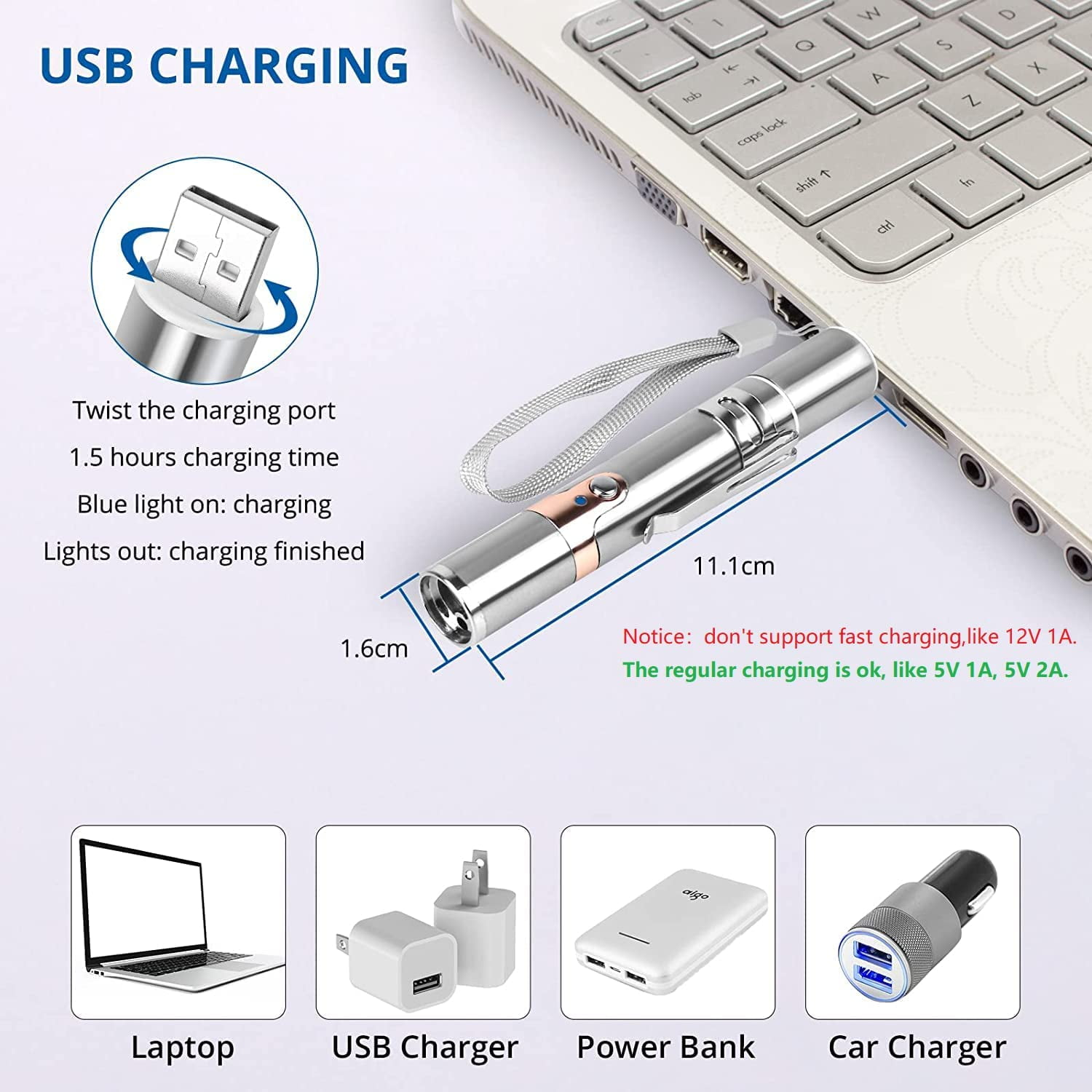 Silbernes USB-Ladegerät, 11,1 cm lang, 1,6 cm breit, wird zum Aufladen eines Laptops gezeigt.