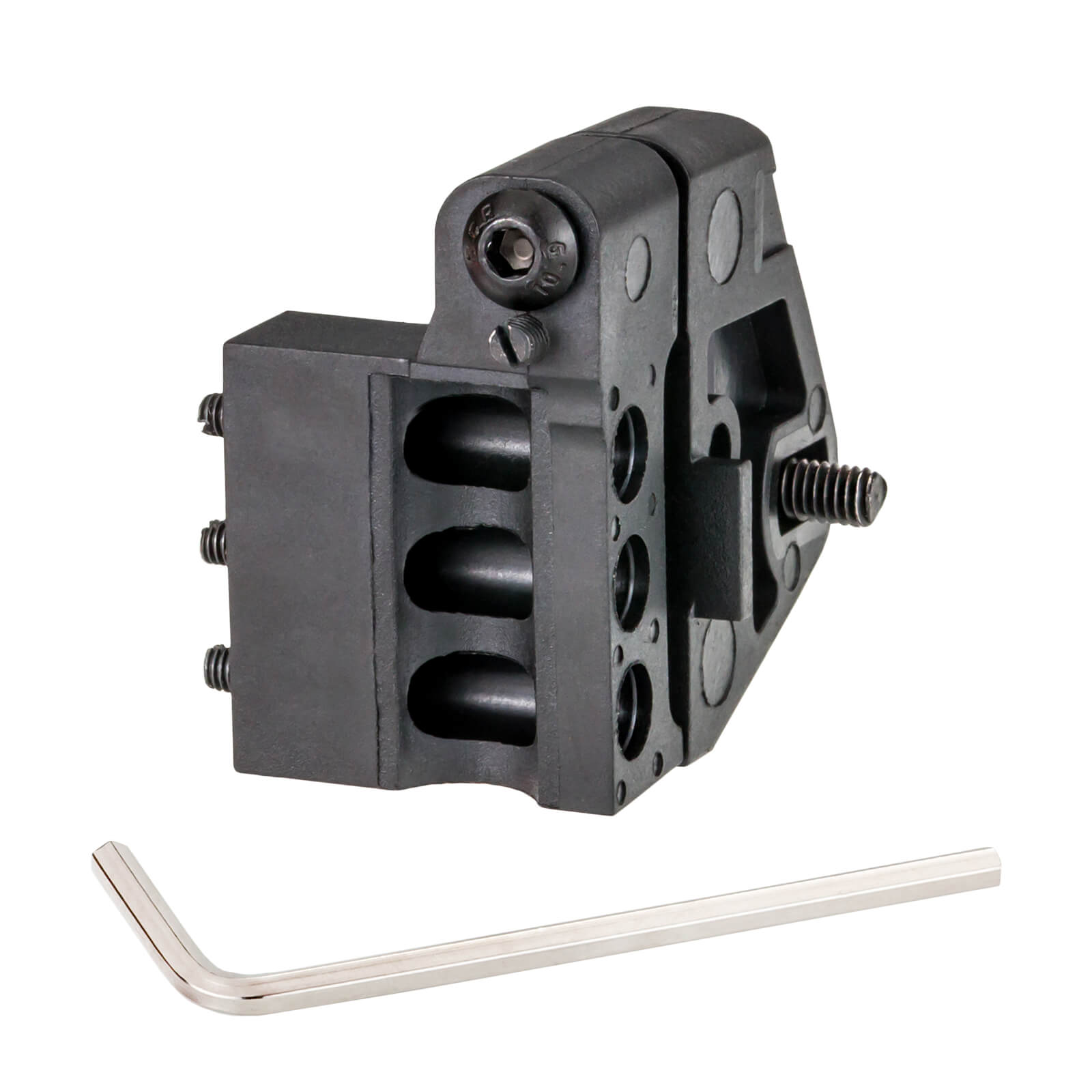 Schwarzer Werkzeugadapter mit Schraube und Inbusschlüssel.