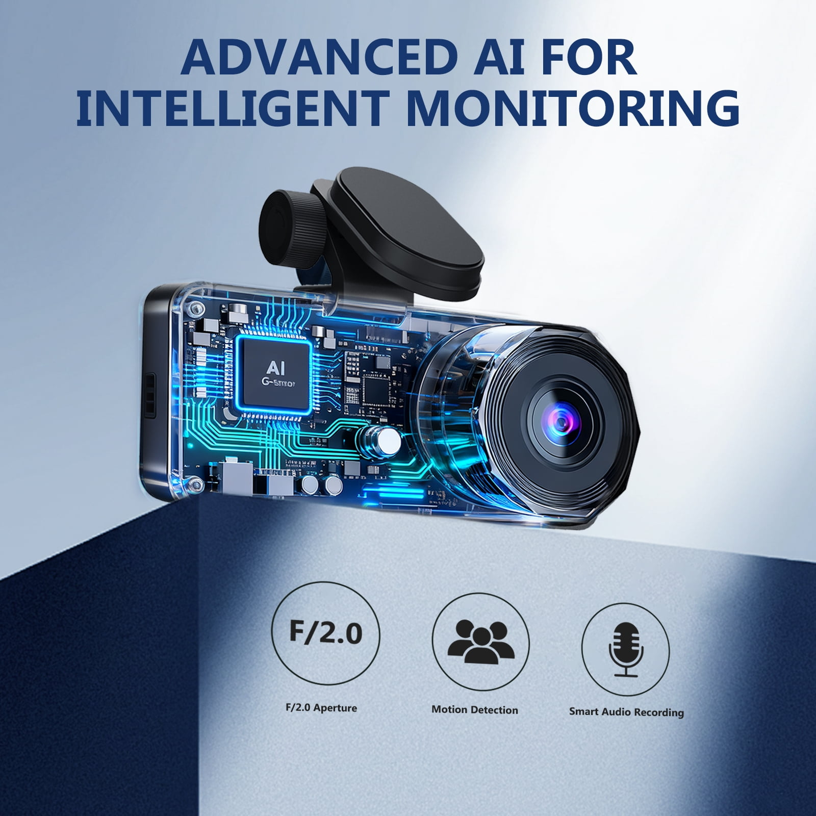 Transparente Dashcam mit KI-Chip, Linse und F/2,0 Blende, Bewegungserkennung, Audioaufnahme.