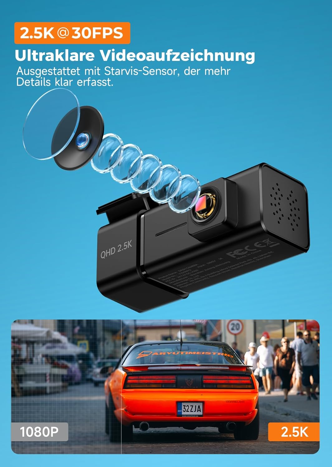 Dashcam mit 2,5K Auflösung und Starvis-Sensor, zeigt orangefarbenen Sportwagen.
