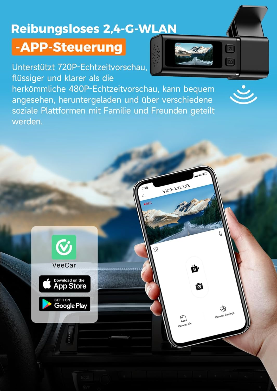 Dashcam mit App-Steuerung und Berglandschaft auf dem Handy.