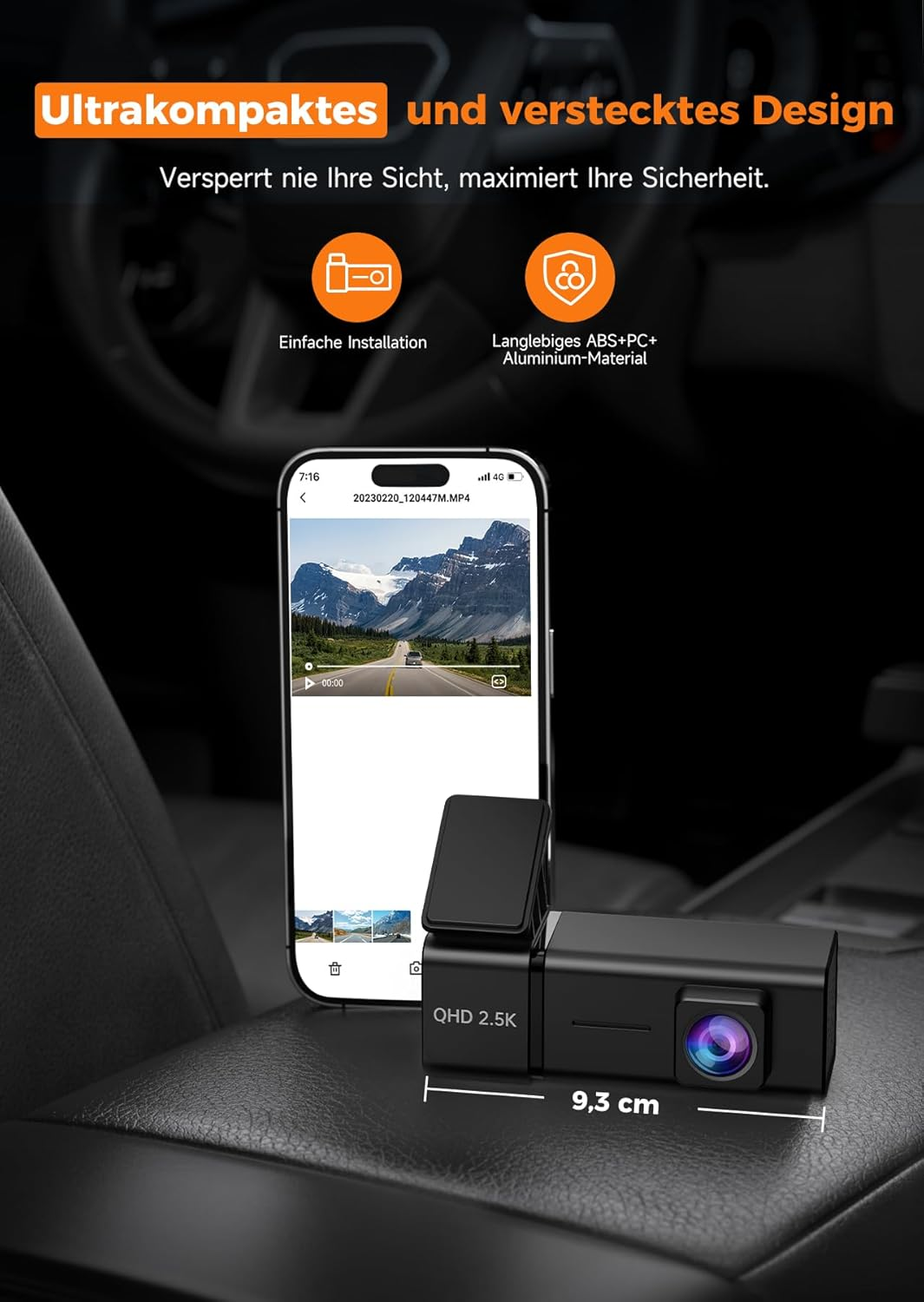 Kompakter 9,3 cm Dashcam und Smartphone mit Bergstraßen-Video.