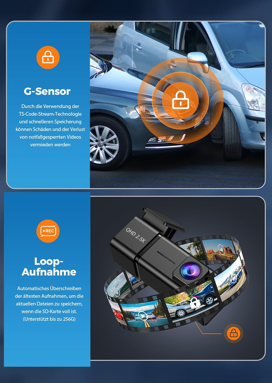 Bild zeigt G-Sensor und Loop-Aufnahme-Funktionen für eine Autokamera.