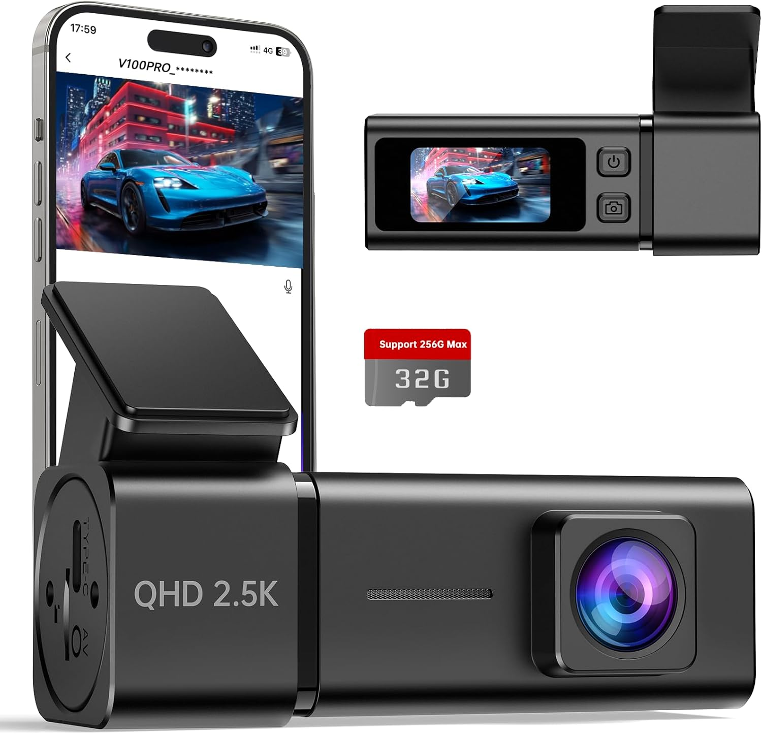 Autokamera mit Smartphone, kleiner Anzeige und 32G Speicherkarte.