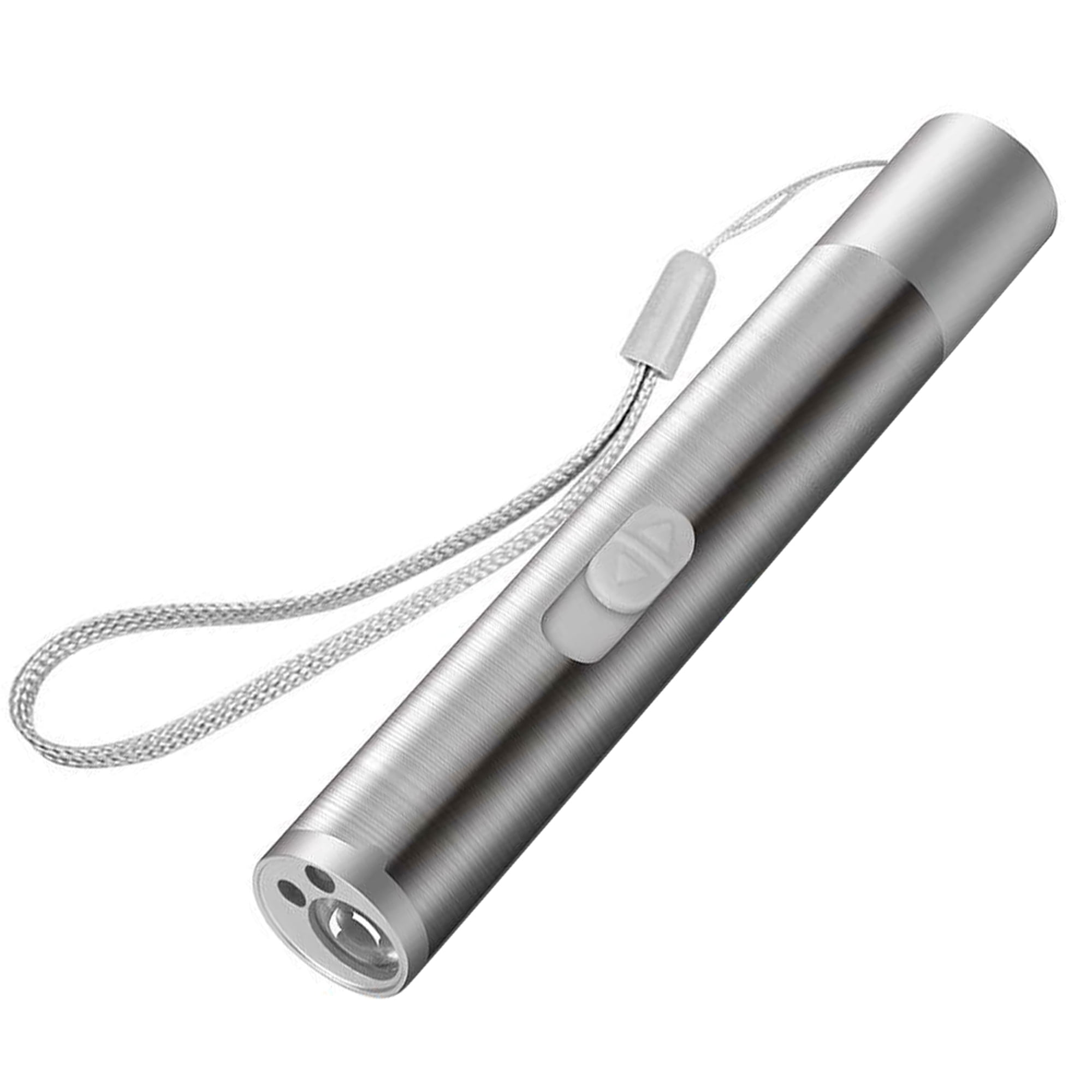Ein silberner Laserpointer mit einem Lanyard und einem Knopf.