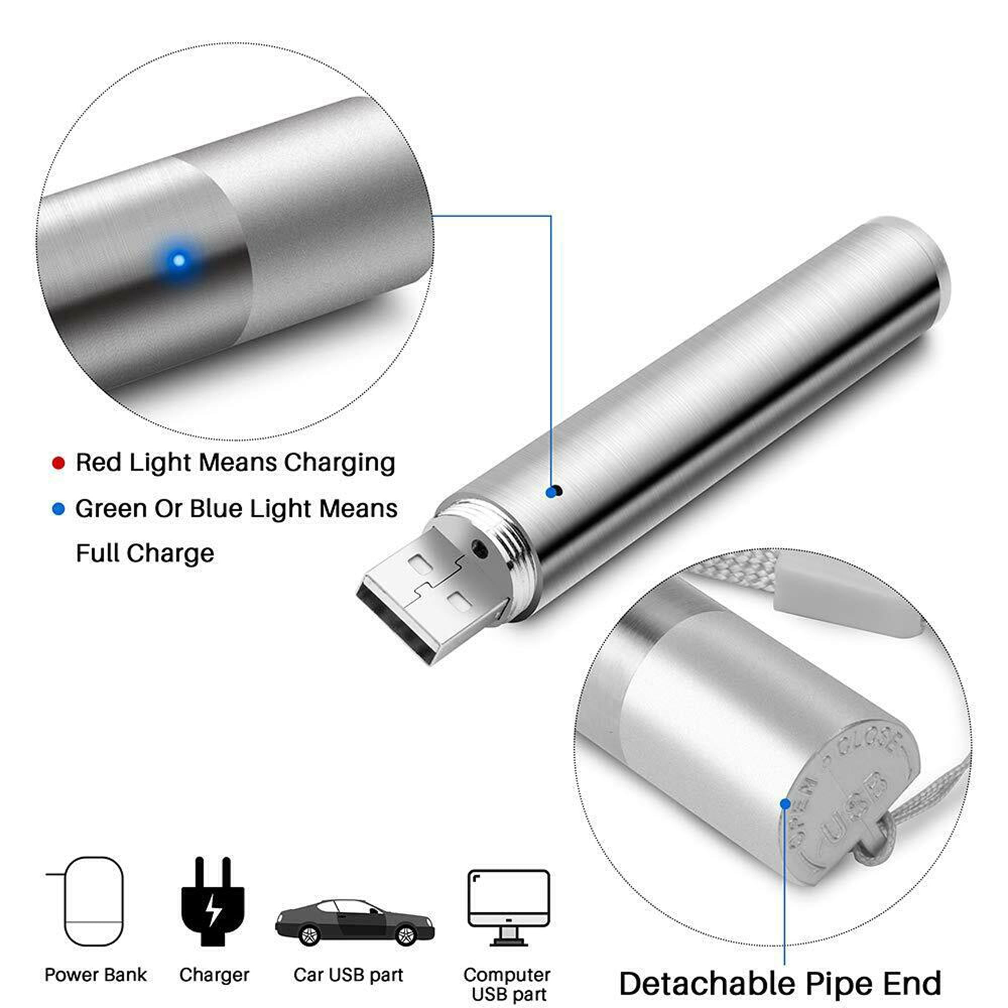 Silberner USB-Akku mit Ladeanzeige und abnehmbarem Endstück.