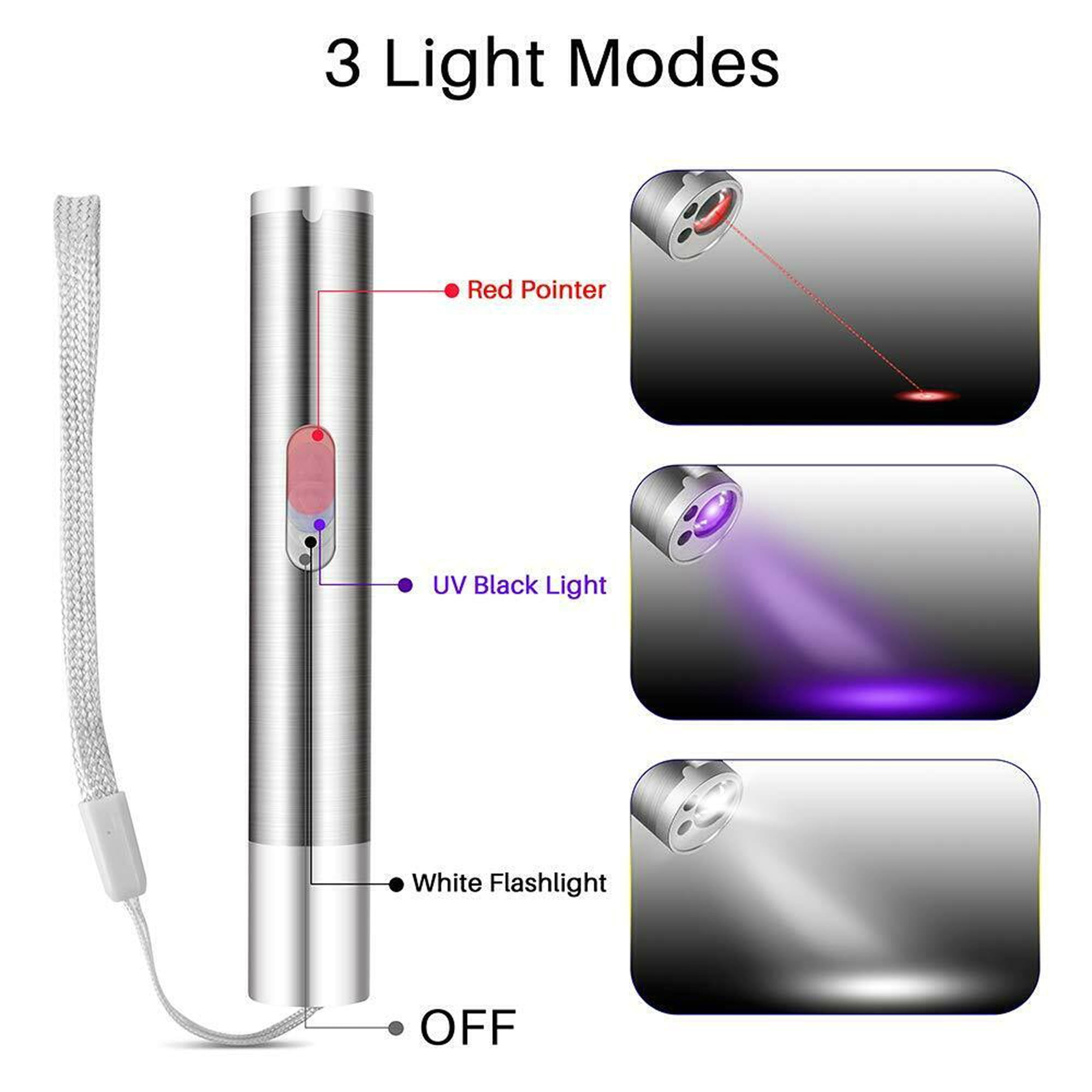 Ein silberner Stab mit drei Lichtmodi: roter Laser, UV-Licht und weiße Taschenlampe.