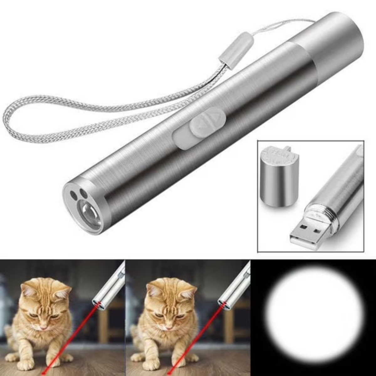 Ein silberner Laserpointer mit USB-Anschluss und eine Katze, die einem roten Laserpunkt folgt.