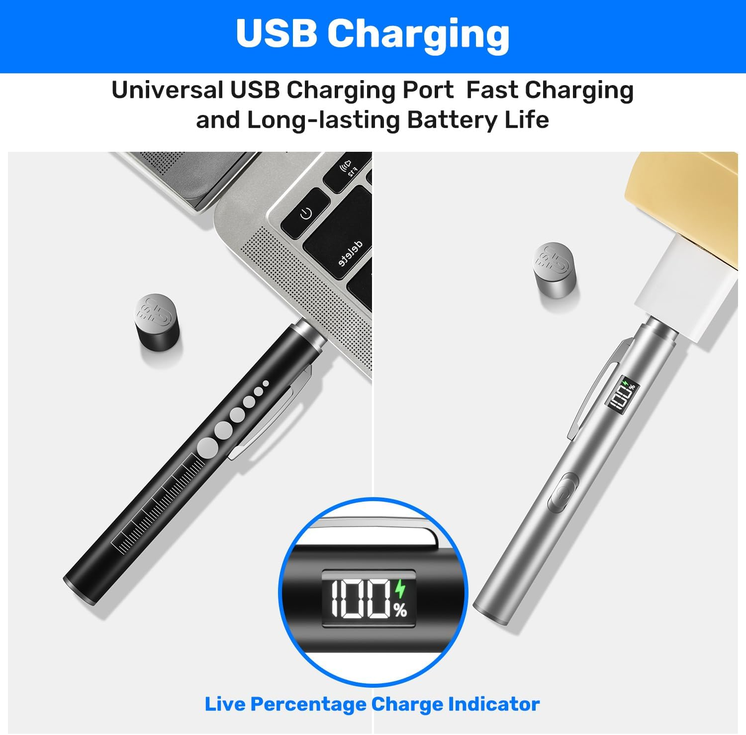 Schwarze und silberne USB-Stifte mit Ladeanzeigen und einem Laptop.