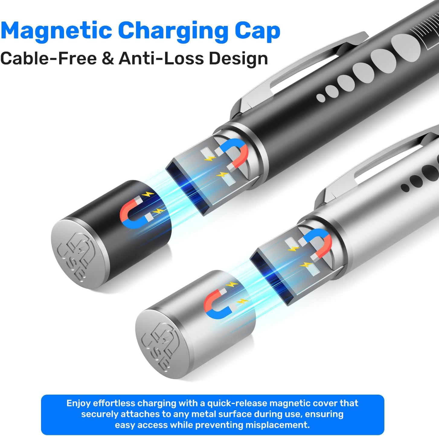 Zwei USB-Stifte mit magnetischen Kappen, die aufgeladen werden.