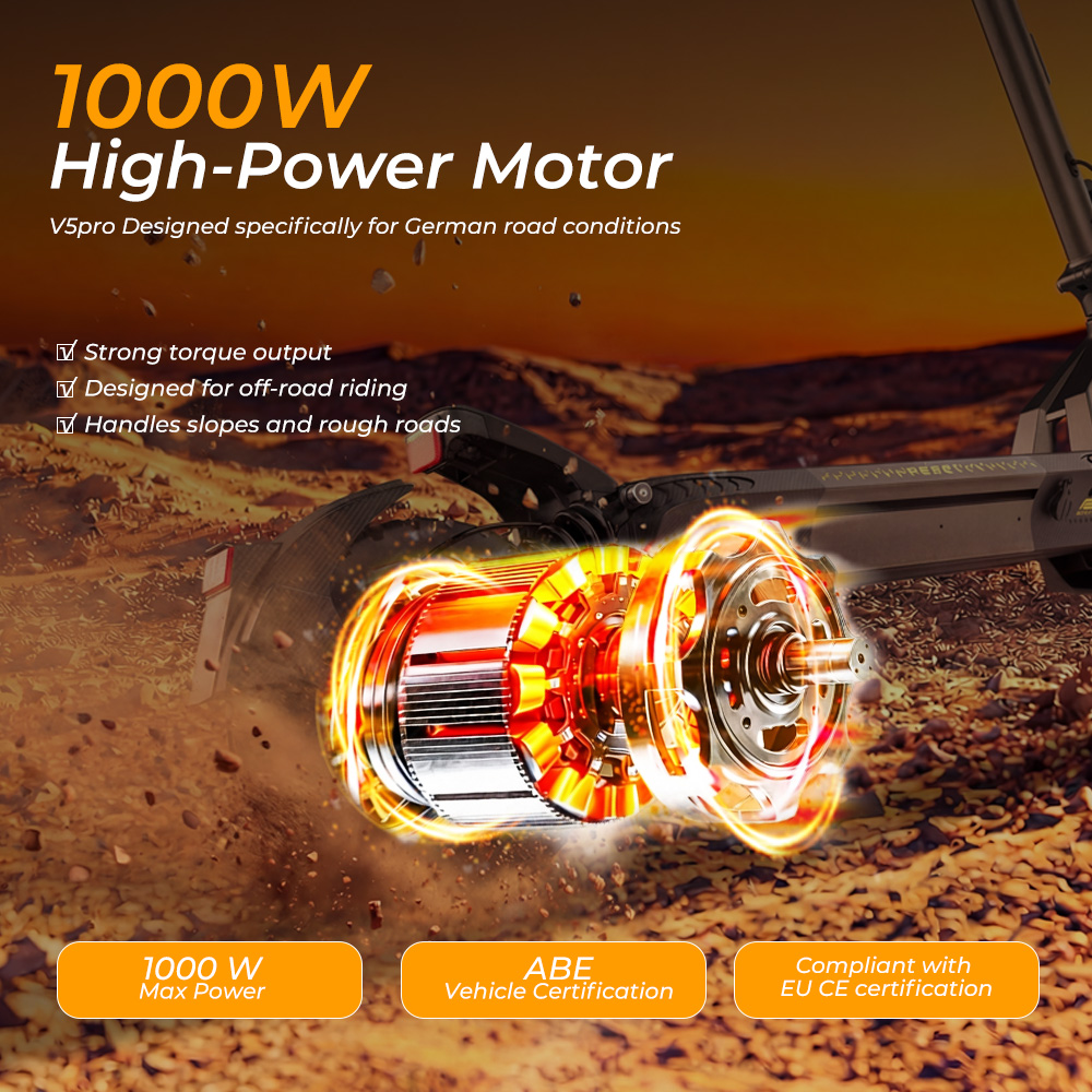 1000W Hochleistungsmotor für E-Scooter, für deutsche Straßenbedingungen, Offroad-Fähigkeit.