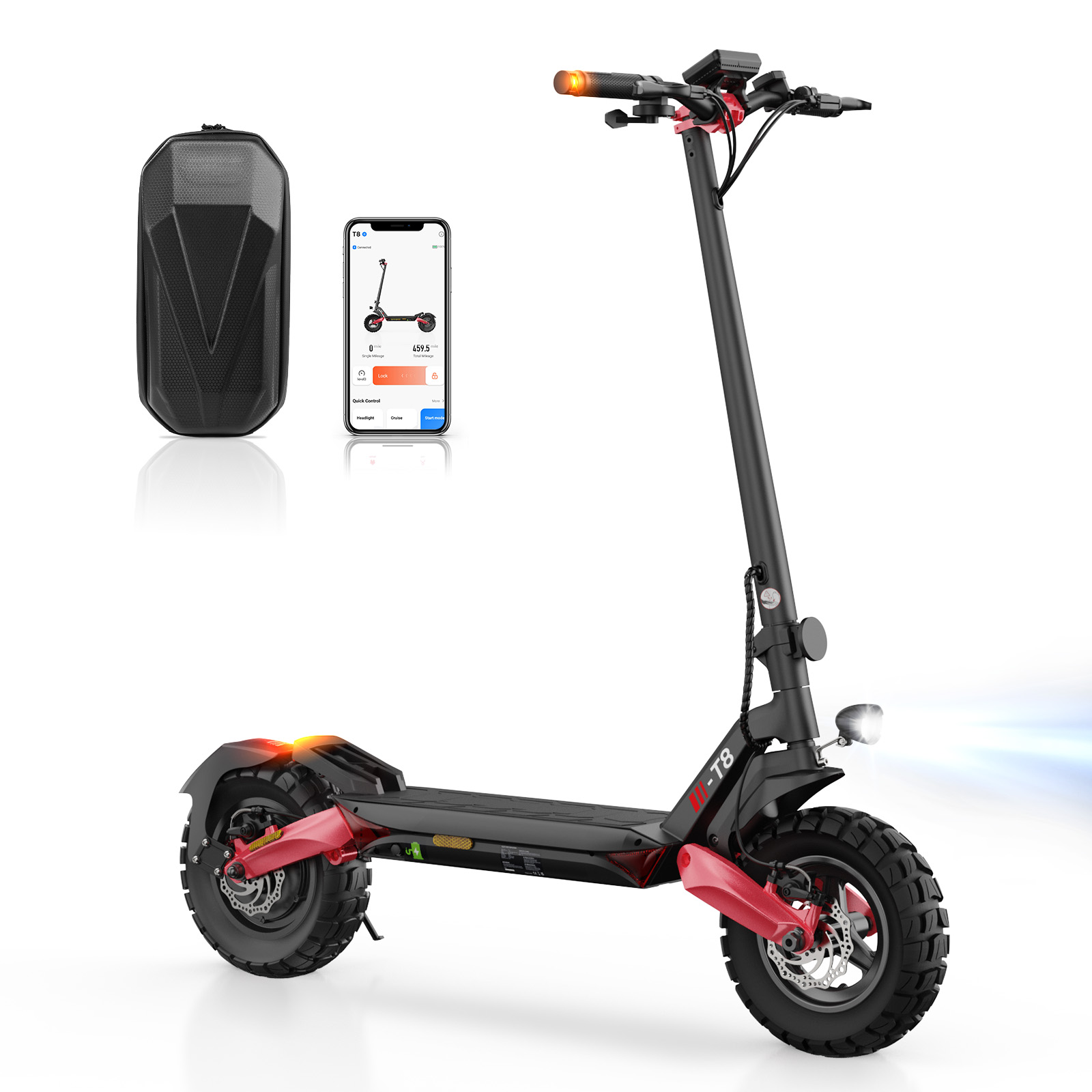 Ein schwarzer E-Scooter mit roten Akzenten, Zubehör und App.
