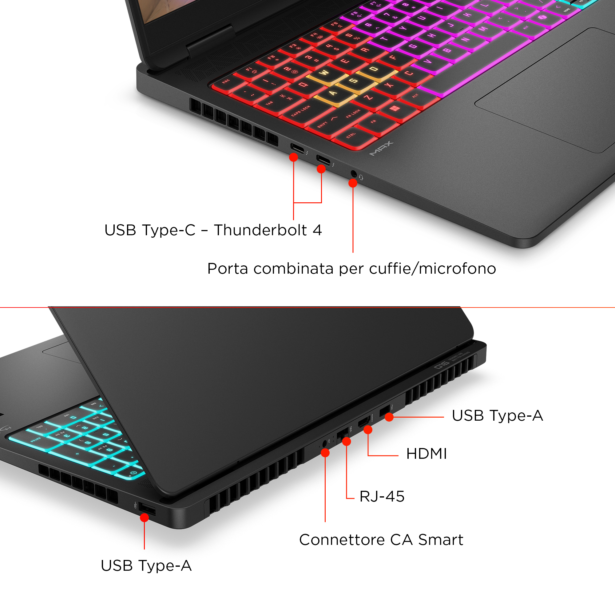 Un laptop con tastiera retroilluminata e varie porte etichettate.