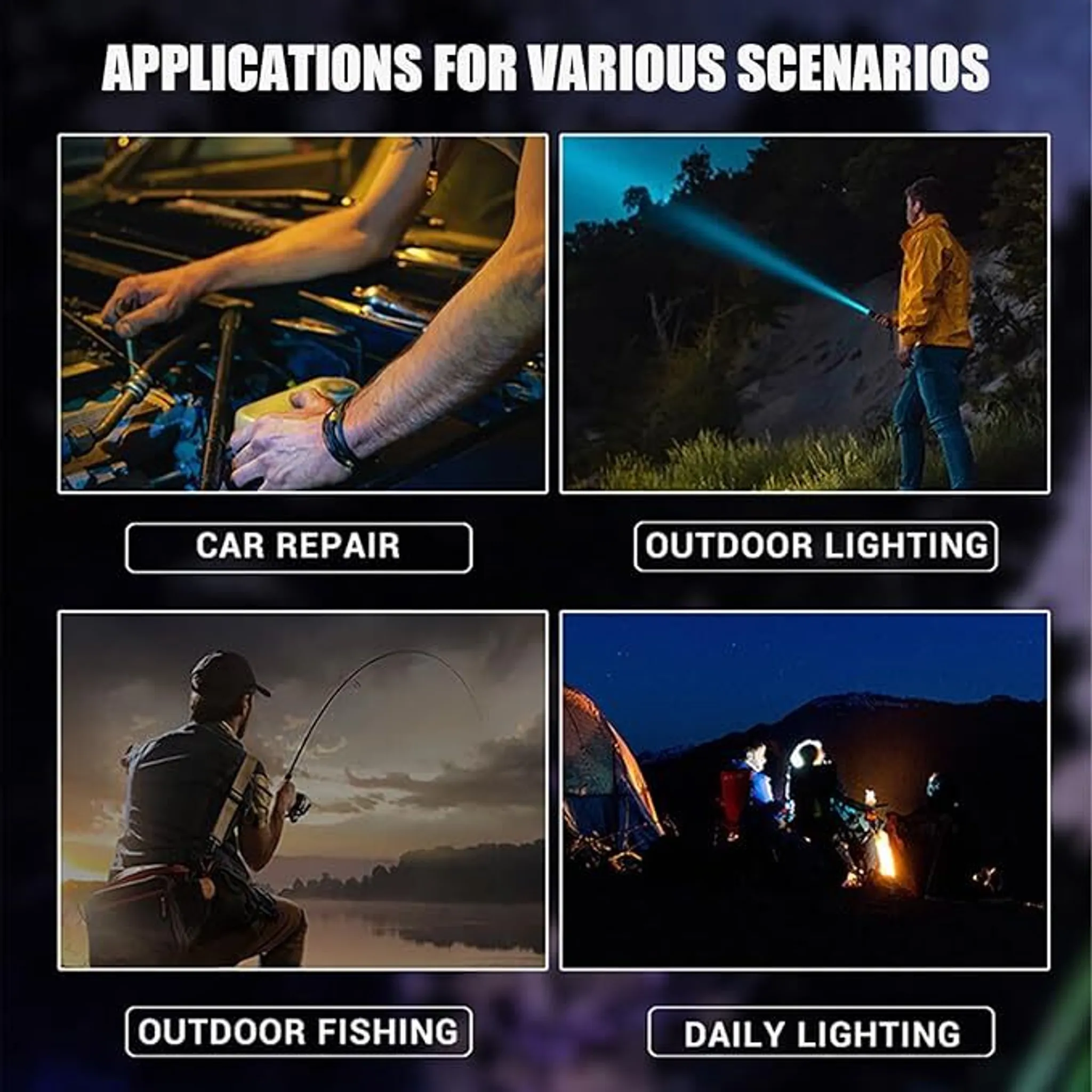 Vier Szenen: Autoreparatur, Outdoor-Beleuchtung, Angeln, Campingbeleuchtung.