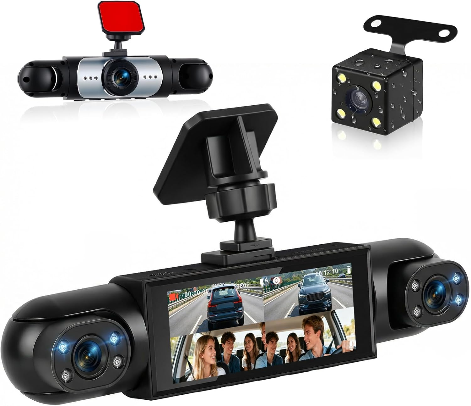 Drei Autokameras: eine Frontkamera, eine Rückkamera und eine Dual-Dashcam mit Bildschirm.