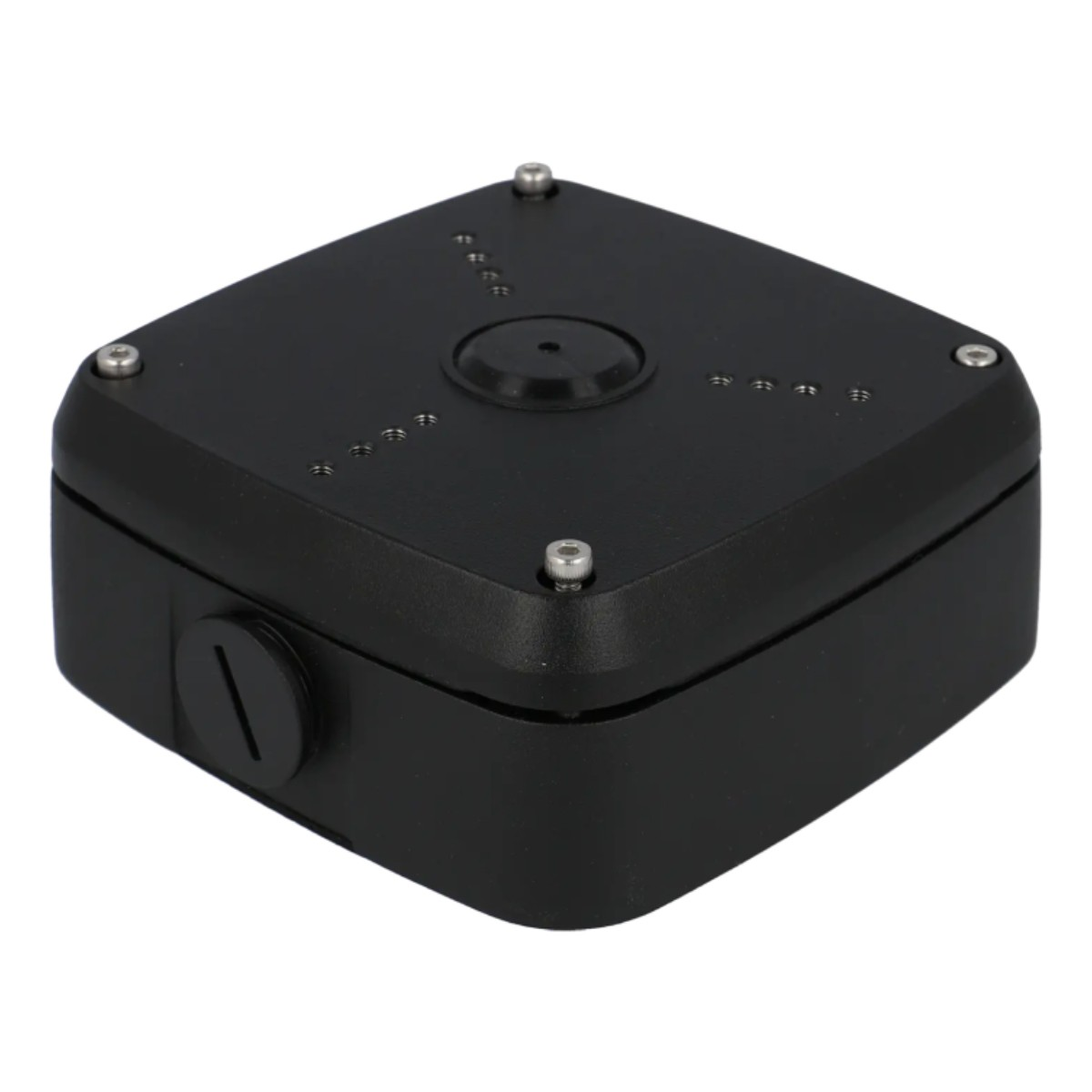 Un dispositivo nero a forma di cubo con viti e piccole luci in cima.