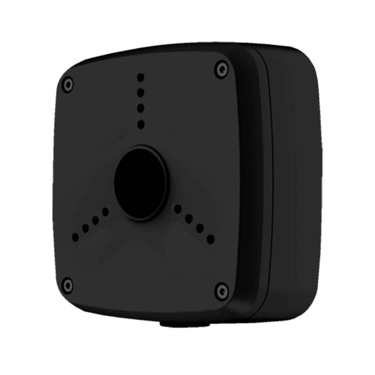 Un oggetto nero, a forma di cubo, con un cerchio nero al centro e quattro punti su ciascun lato.