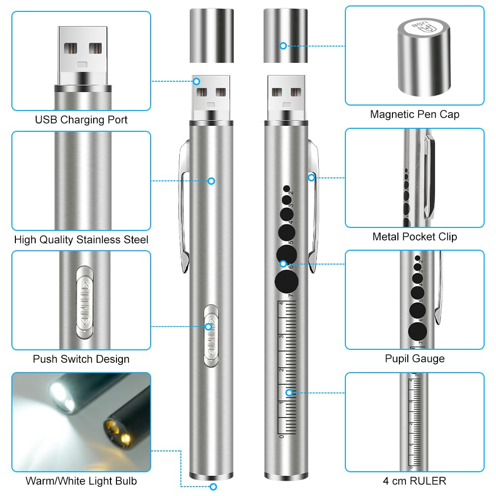 Silberner Stift mit USB-Anschluss, Schalter, Pupillenlehre und Lineal.