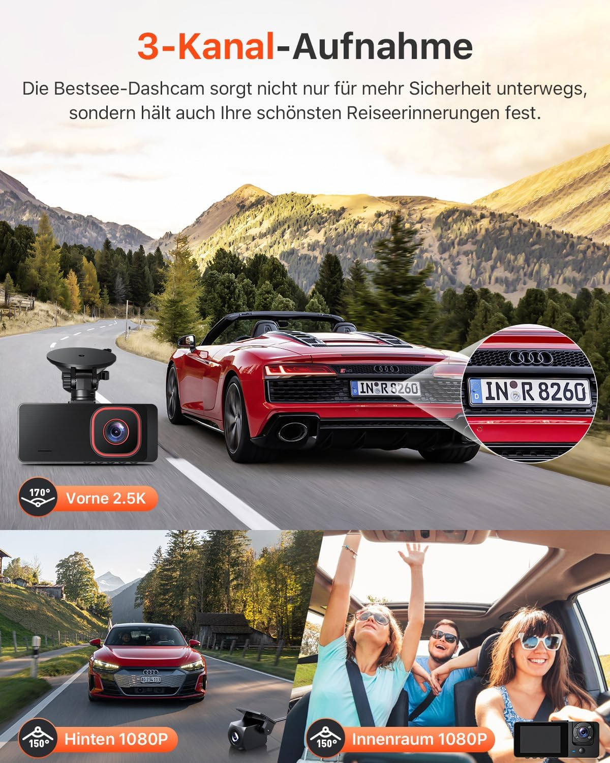 Rot Cabrio auf Bergstraße, Dashcams zeigen Vorder-, Rück- & Innenansicht.