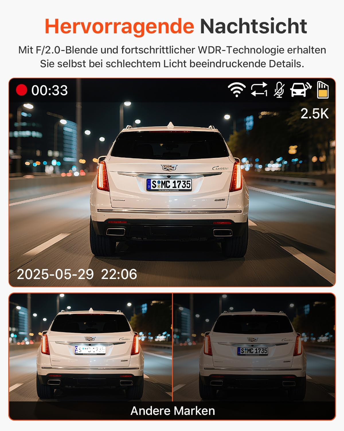 Ein weißer Cadillac fährt nachts. Die Rückansicht zeigt das Kennzeichen S:MC 1735.