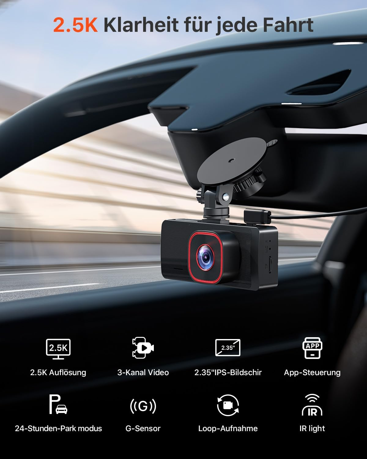 Armaturenbrett-Kamera mit 2,5K Auflösung, 2,35" IPS-Display und App-Steuerung.
