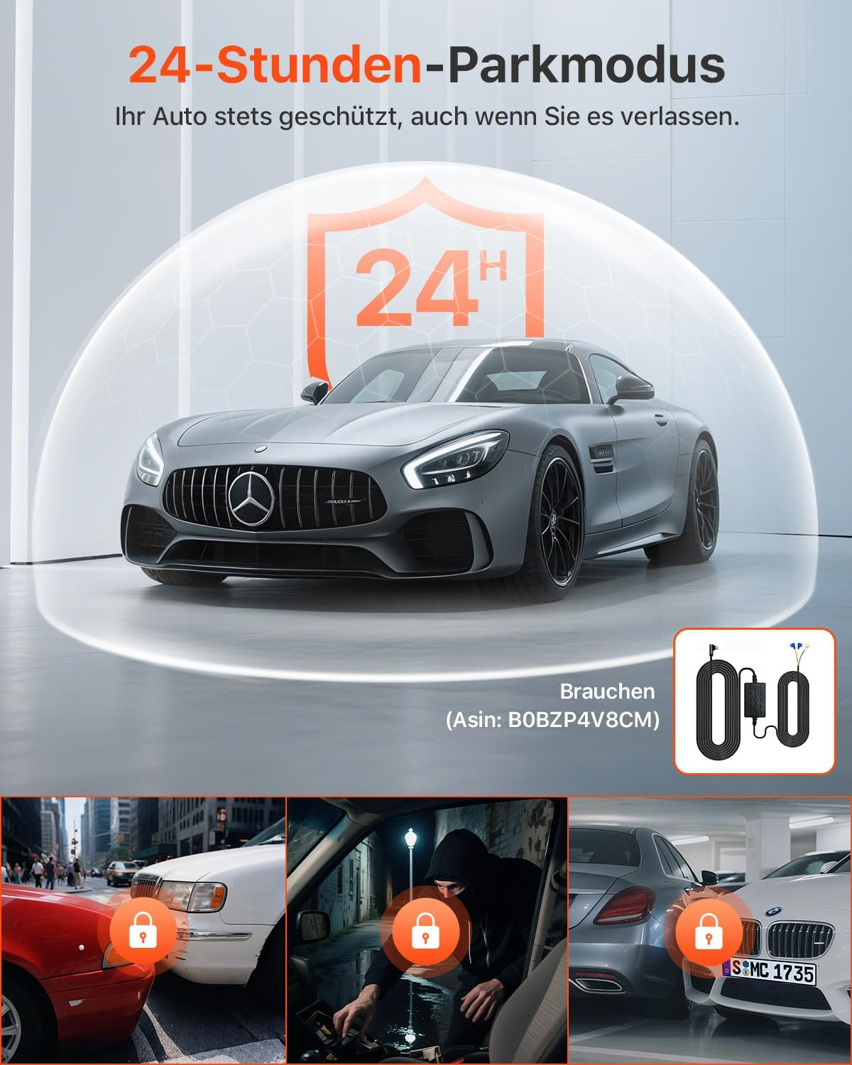 Graues Sportauto unter einem Schutzschild mit 24h-Symbol. Unten drei Szenen: Autos, Einbrecher, Parkplatz.